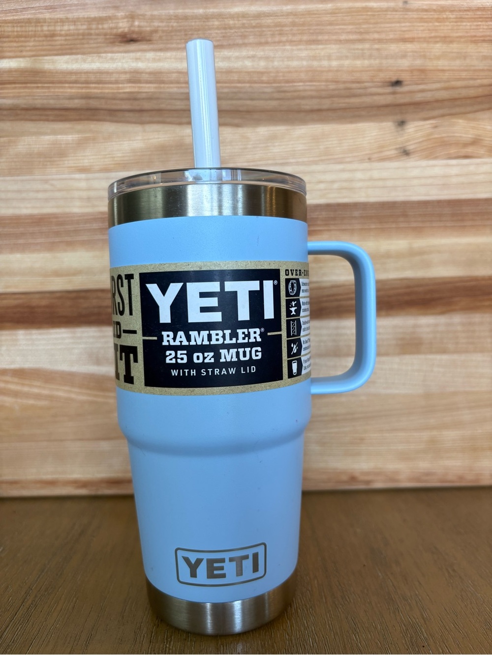 Yeti New Rambler 25 oz. Travel Straw Mug in Big Sky Blue with Stainless Base.